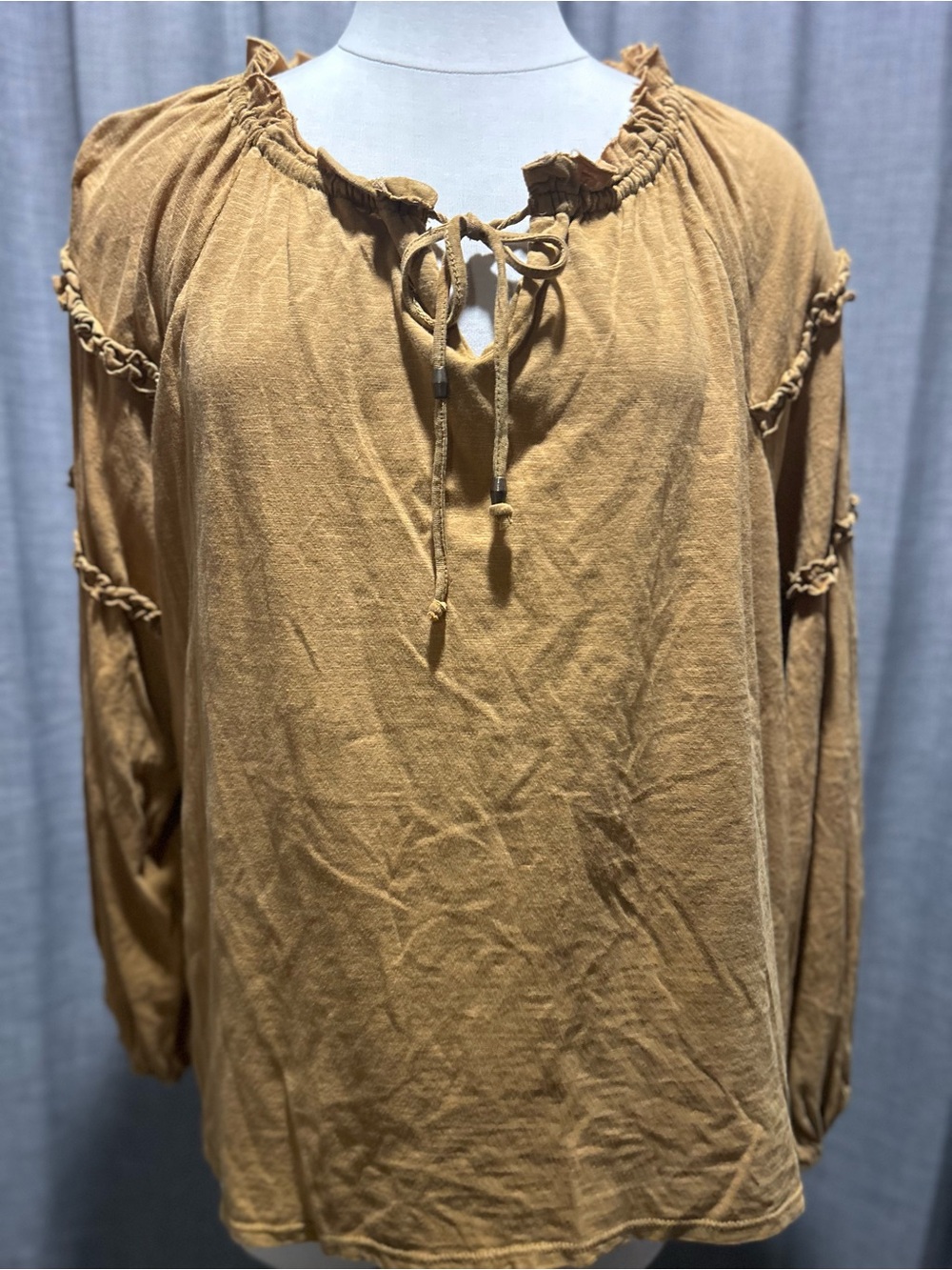 Wonderly Mustard Tie-Front Ruffle Peasant Top